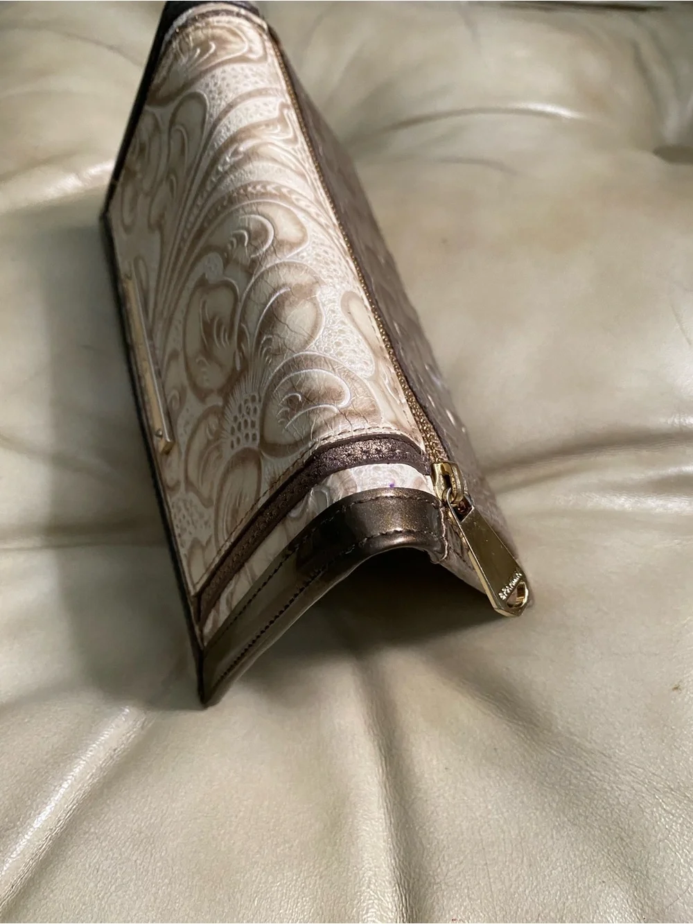 HTF Brahmin Bourdele Wallet in Cream/Gold/Taupe Scroll Embossed Leather